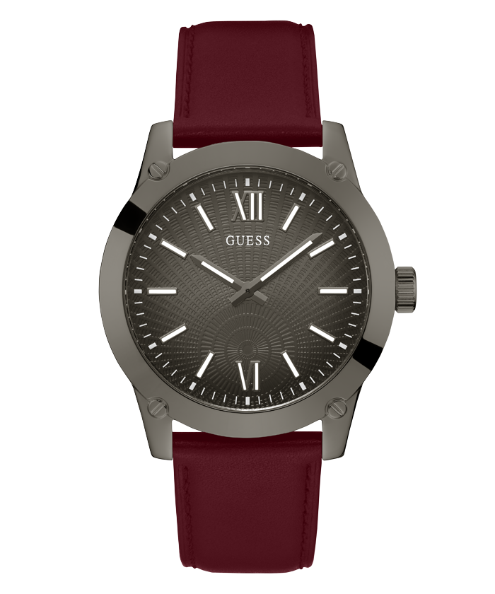 Dark Silver-Tone and Burgundy Leather Analog Watch GW0628G4
