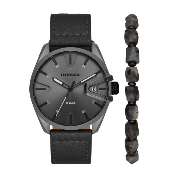 Diesel MS9 Three-Hand Black Leather Watch and Bracelet Set