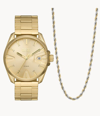 Three-Hand Date Gold-Tone Stainless Steel Watch and Necklace
