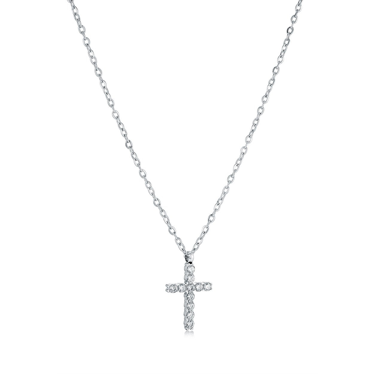 Steel Cross Necklace With White CZ Stones