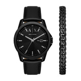 Armani Exchange Three-Hand Black Leather Watch &  Steel Bracelet Set