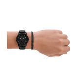 Armani Exchange Three-Hand Black Leather Watch &  Steel Bracelet Set
