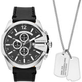 Diesel Mega Chief Chronograph Black Leather Watch and Necklace Set