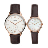 Fossil His-and-Hers Three-Hand Brown Leather Box Set