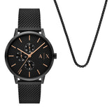 Three-Hand Black Watch and Bracelet Set