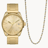 Three-Hand Date Gold-Tone Stainless Steel Watch and Necklace