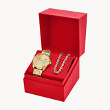 Three-Hand Date Gold-Tone Stainless Steel Watch and Necklace