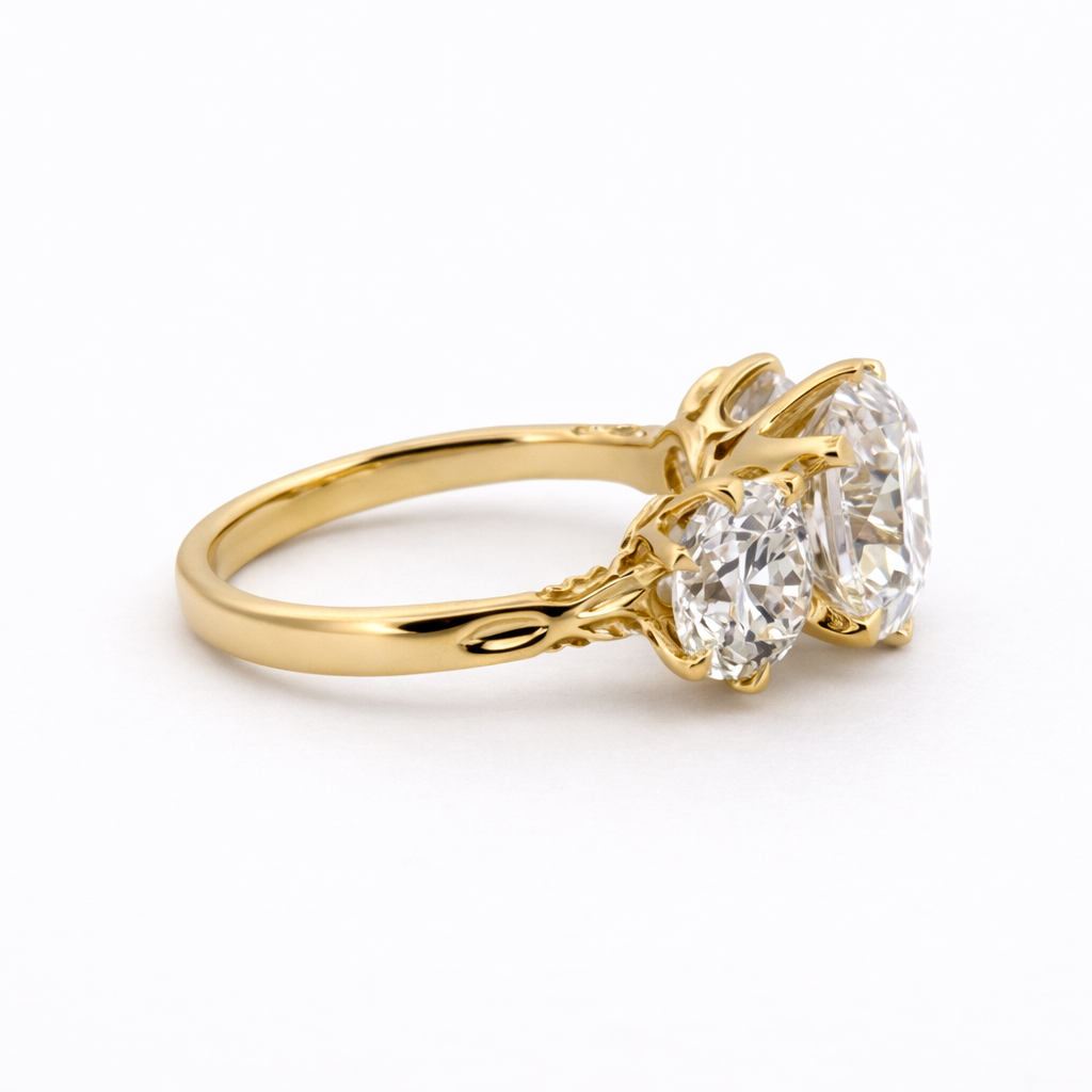 2.66CT Old Mine Cut Three Stone Ring - 14K Yellow Gold