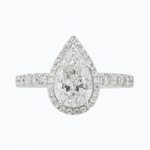 Diamond ring with pear-shaped center stone on a white background