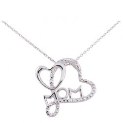 Sterling Silver Rhodium Plated Heart and "MOM" Pendant with 0.01ct Diamond Accent on a 18" Link Chain