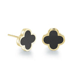 GOLD-IP-S.STEEL BLACK-ENAMEL LUCKY-CLOVER 10MM-STUD EARRINGS