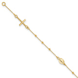 14k Polished Cross and Miraculous Medal Beaded 7.5 inch Rosary Bracelet