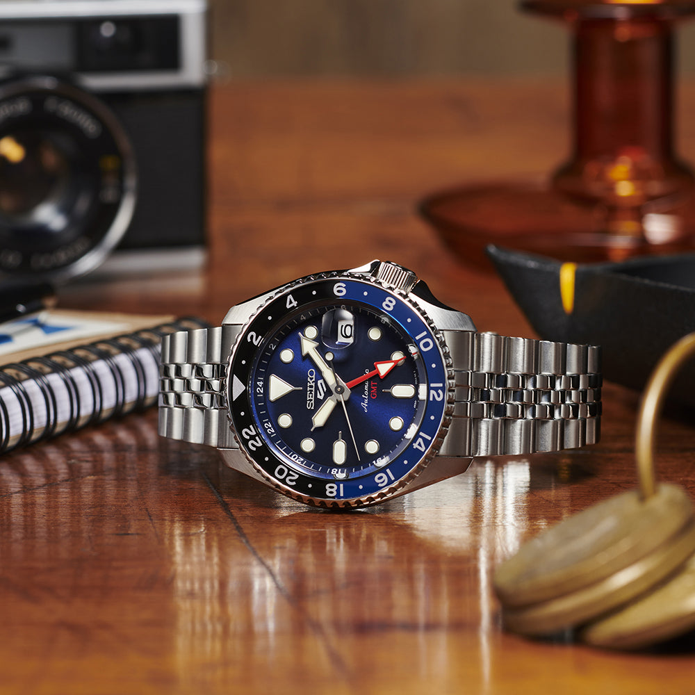 Seiko 5 Sports GMT SSK003K1 'Black Grape' on table