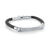 Stainless Steel ID Plate 3 Way Clasp Black Leather Bracelet