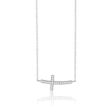 Sterling Silver 16+2' CZ Rhodium Curved Sideways Cross