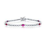 Sterling Silver Beaded Outline Round & Oval CZ Bracelet - Ruby
