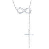 Sterling Silver Half CZ Infinity with Hanging CZ Cross Lariat Necklace