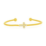 Sterling Silver, Sideways CZ Cross Beaded Bangle - Gold Plated