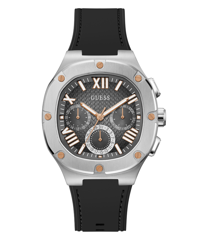 Guess Headline Silicone Strap Silver Tone Men's Watch