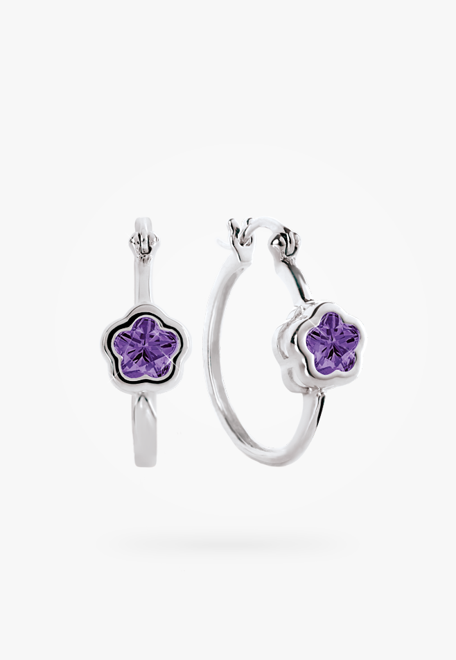 Bfly Sterling Silver Purple CZ Flower Baby Huggies Earrings