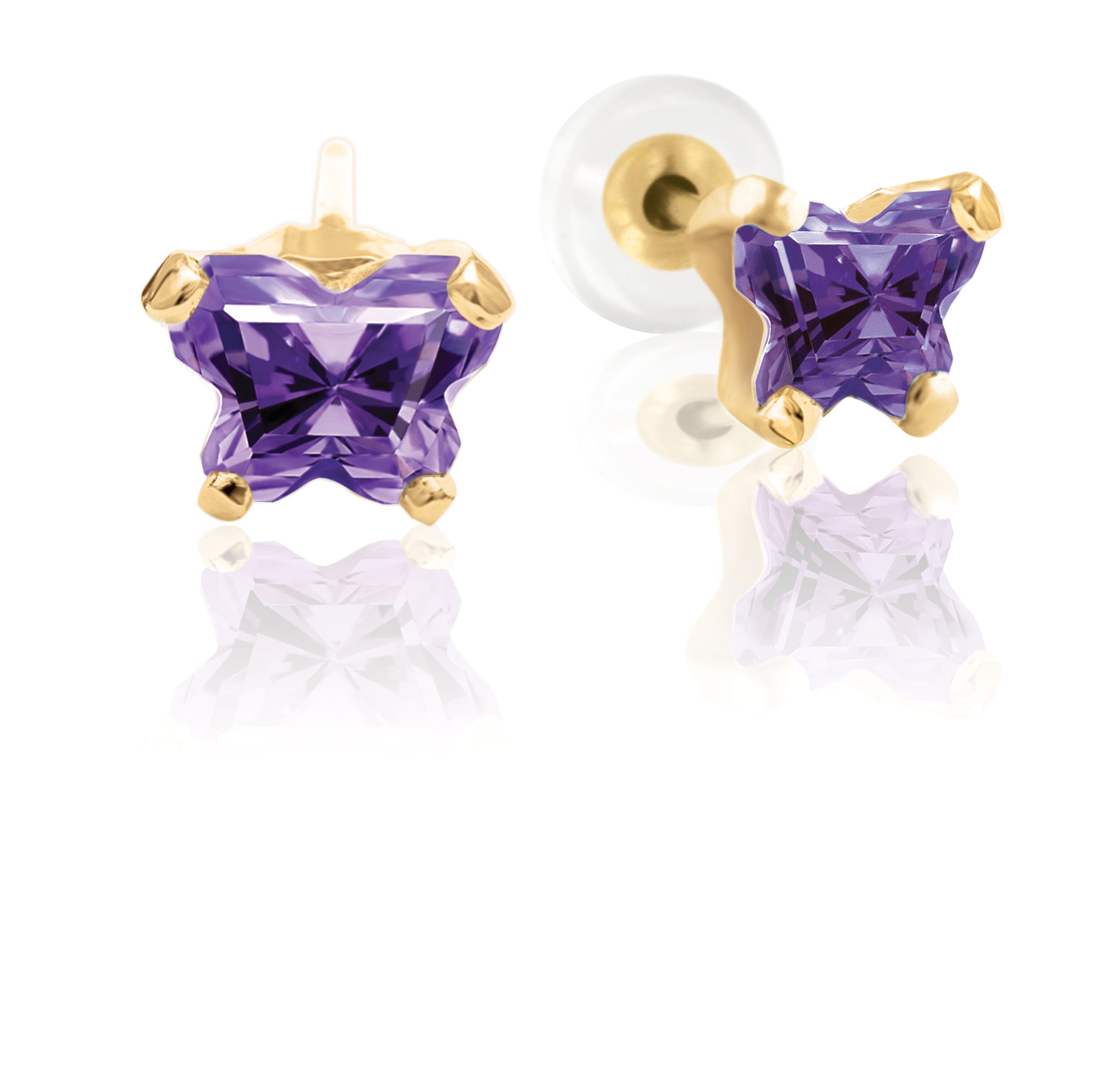 Bfly 10k Gold February Birthstone Purple CZ Butterfly Baby Earrings