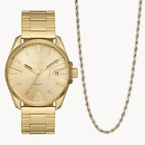 Three-Hand Date Gold-Tone Stainless Steel Watch and Necklace